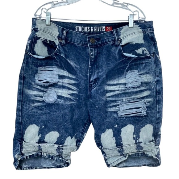 Stitches & Rivets Distressed Denim Shorts Bleach Wash Ripped Mens‎ 38 - Picture 1 of 6